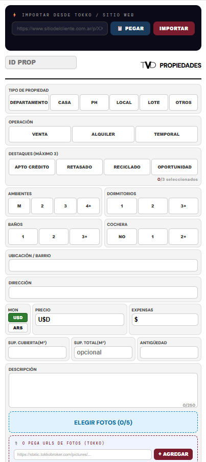 Panel de carga TVD — pegás el link de la propiedad para publicarla en pantalla